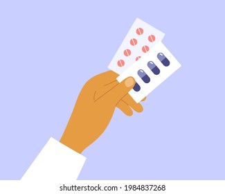 Healthcare specialist holding pills, tablets or vitamin in hand. Prescription of doctor concept. Pharmacy, drug store, medicine. Medic in white clothes show medication. Health care vector illustration