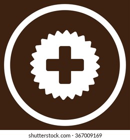 Healthcare Stamp vector icon. Style is flat circled symbol, white color, rounded angles, brown background.