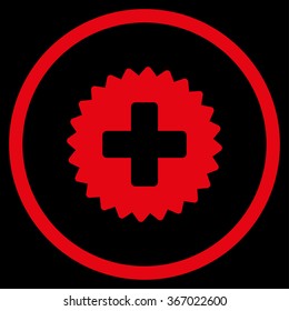 Healthcare Stamp vector icon. Style is flat circled symbol, red color, rounded angles, black background.