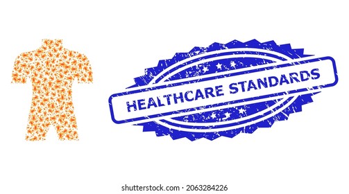 Healthcare Standards scratched seal imitation and vector fractal collage human anatomy. Blue stamp seal includes Healthcare Standards caption inside rosette.