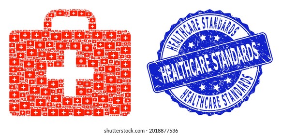 Healthcare Standards textured round stamp and vector fractal mosaic medical kit case. Blue stamp includes Healthcare Standards title inside round shape.