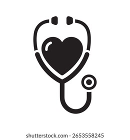 Healthcare stethoscope icon with a heart shape representing cardiology medical checkup and health insurance from a doctor for professional care vector solid glyph icon