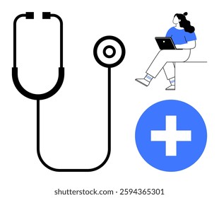 Healthcare stethoscope, person using laptop, and medical cross. Ideal for telehealth services, medical guidance, healthcare apps, patient support, online consultations, health innovation, remote