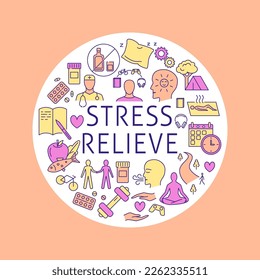 Healthcare and stress relieve round concept banner in colored line style. Wellness and selfcare symbols. Vector illustration.