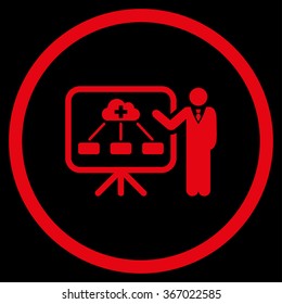 Healthcare Structure Report vector icon. Style is flat circled symbol, red color, rounded angles, black background.