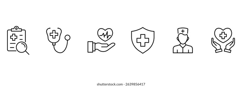 Healthcare support medical report stethoscope nurse protection diagnosis heart care aid icon vector illustration outline design set.