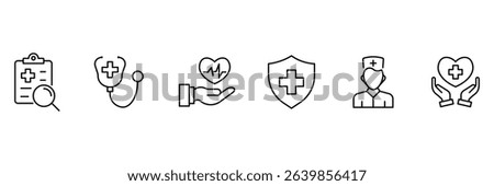 Healthcare support medical report stethoscope nurse protection diagnosis heart care aid icon vector illustration outline design set.