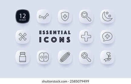 Healthcare support set icon. Bone fracture, medical shield, health check, night care, prescription, bandage, diagnosis, therapy, wellness, medical assistance