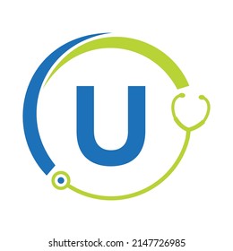 Healthcare Symbol Doctor and Medical Logo on Letter U Template. Doctors Logo with Stethoscope Sign