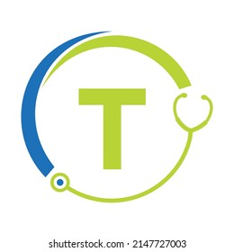 Healthcare Symbol Doctor and Medical Logo on Letter T Template. Doctors Logo with Stethoscope Sign