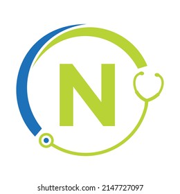 Healthcare Symbol Doctor and Medical Logo on Letter N Template. Doctors Logo with Stethoscope Sign