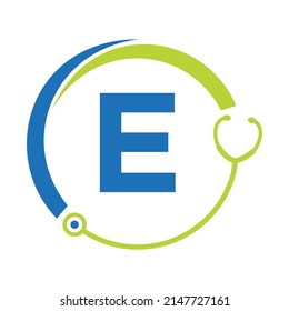 Healthcare Symbol Doctor and Medical Logo on Letter E Template. Doctors Logo with Stethoscope Sign