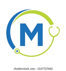 Healthcare Symbol Doctor and Medical Logo on Letter M Template. Doctors Logo with Stethoscope Sign