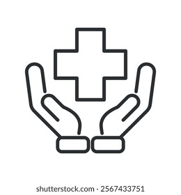 Healthcare symbol. Medicine cross over the hand. Vector linear iicon