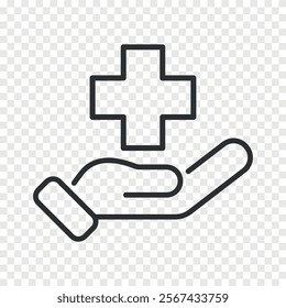 Healthcare symbol. Medicine cross over the hand. Vector linear iicon