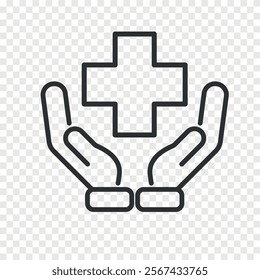 Healthcare symbol. Medicine cross over the hand. Vector linear iicon