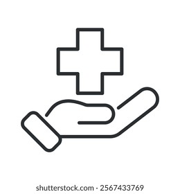 Healthcare symbol. Medicine cross over the hand. Vector linear iicon