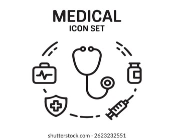 Healthcare Symbols – Stethoscope, Syringe, Shield  More