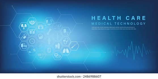 Fondo de la Tecnología médica azul del sistema sanitario con los iconos blancos del hexágono