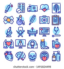 Healthcare system color linear icons set. Illness treatment medication thin line blue contour symbols. Hospital equipment, surgery instruments. Diagnostic tools isolated vector outline illustrations..