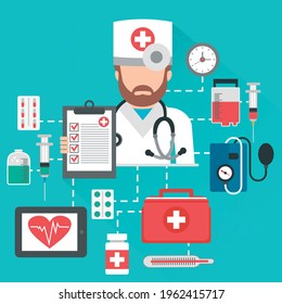 Healthcare system concept. Medical flat design with doctor and medical icon. Vector illustration