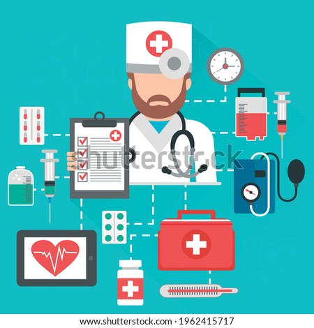 Healthcare system concept. Medical flat design with doctor and medical icon. Vector illustration