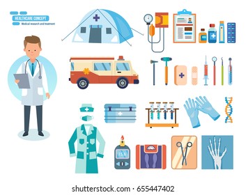 Healthcare system concept. Medical research and treatment. Set of tools for medical research, diagnostic equipment, treatment, work in an institution. Vector illustration isolated on white background.