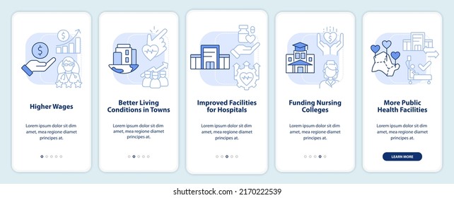 Healthcare system efficiency light blue onboarding mobile app screen. Walkthrough 5 steps editable graphic instructions with linear concepts. UI, UX, GUI template. Myriad Pro-Bold, Regular fonts used