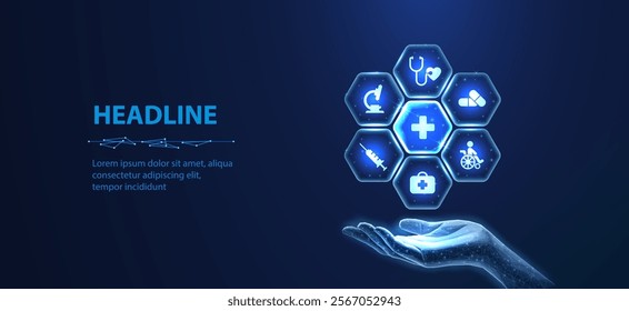 Healthcare system. Medical icons inside hexagons around medical cross and holding hand. Health care plane, patient service digital technology, ai integrate, futuristic pharmacy, innovation concept