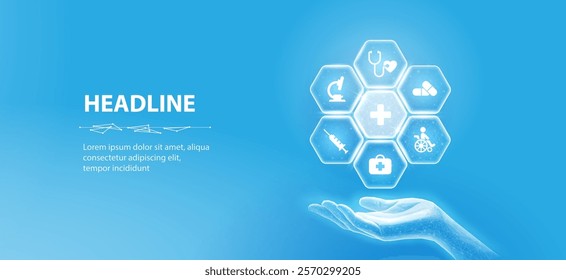 Healthcare system. Medical icons inside hexagons around medical cross and holding hand. Health care plane, patient service digital technology, ai integrate, futuristic pharmacy, innovation concept