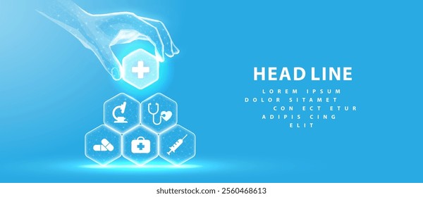 Healthcare system. Medical icons on hexagons made pyramid and hand holding the top element. Health care plane, patient service digital technology, ai integrate, futuristic pharmacy innovation concept