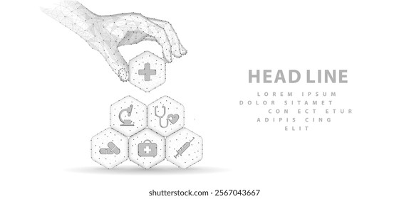 Healthcare system. Medical icons on hexagons made pyramid and hand holding the top element. Health care plane, patient service digital technology, ai integrate, futuristic pharmacy innovation concept