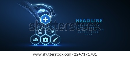 Healthcare system. Medical icons on hexagons made pyramid and hand holding the top element. Health care plane, patient service digital technology, ai integrate, futuristic pharmacy innovation concept