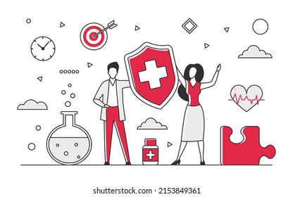 Healthcare system and medical informational network. Health insurance and public social security vector monocolor illustration