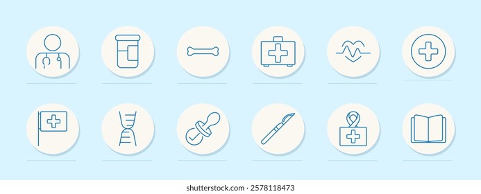 Healthcare system set icon. Doctor, medicine, bone, emergency kit, heart rate, medical cross, flag, DNA, pacifier, scalpel, awareness, book