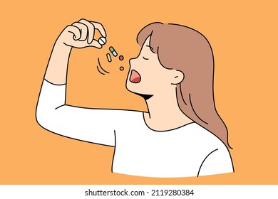 Healthcare and taking drugs vitamins concept. Portrait of young lady taking some pills or vitamins for feeling healthy and positive vector illustration 