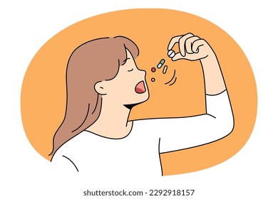 Healthcare and taking drugs vitamins concept. Portrait of young lady taking some pills or vitamins for feeling healthy and positive vector illustration