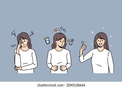 Healthcare and taking medicine concept. Young girl having headache standing then taking some pills with water and then feeling healthy and positive vector illustration 