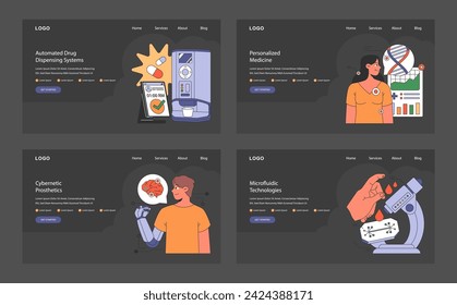 Healthcare tech services web banner set. Highlighting automated dispensing, personalized medicine, cybernetic enhancements, and microfluidics. Flat vector illustration.