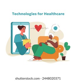 Concepto de Asistencia de tecnología sanitaria. Paciente anciano que interactúa con enfermera a través de servicios de telesalud. Avances en la atención médica a distancia. Tecnologías para los ancianos en el mundo moderno. Ilustración vectorial