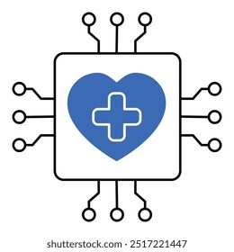 Healthcare Technology Chip Icon. Represents Medical Innovation, Digital Health, Healthcare Connectivity, and Advanced Medical Services. Vector icon with Editable Stroke.