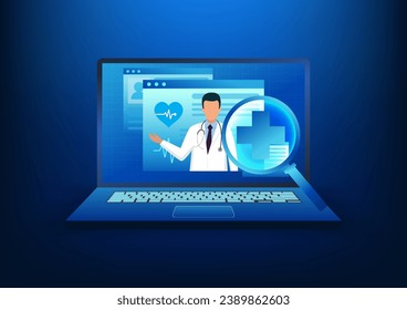 Healthcare technology The computer screen shows a doctor's image with a magnifying glass in front of it. Telemedicine, through a laptop, is the primary treatment for sick patients.