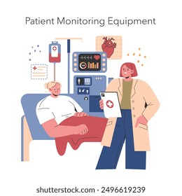 Healthcare technology concept. Doctor monitors patient with advanced medical equipment. Careful observation in hospital setting. Vector illustration.