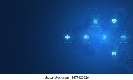 Healthcare and technology concept with flat icons and symbols. Template design for health care business, innovation medicine, science background, medical research. Vector illustration