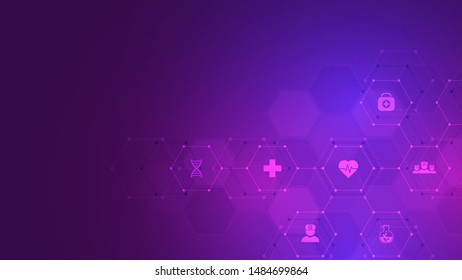 Healthcare and technology concept with flat icons and symbols. Template design for health care business, innovation medicine, science background, medical research. Vector illustration