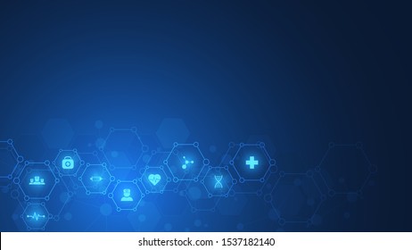 Healthcare and technology concept with flat icons and symbols. Template design for health care business, innovation medicine, science background, medical research. Vector illustration