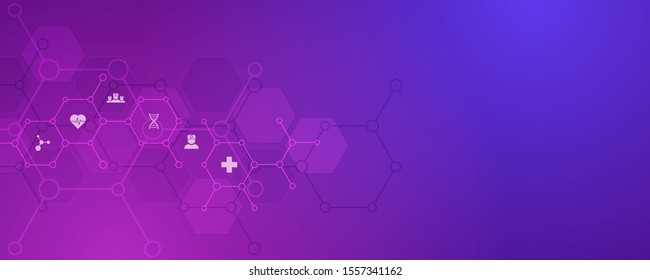 Healthcare and technology concept with flat icons and symbols. Template design for health care business, innovation medicine, science background, medical research. Vector illustration