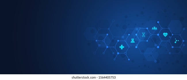 Healthcare and technology concept with flat icons and symbols. Template design for health care business, innovation medicine, science background, medical research. Vector illustration