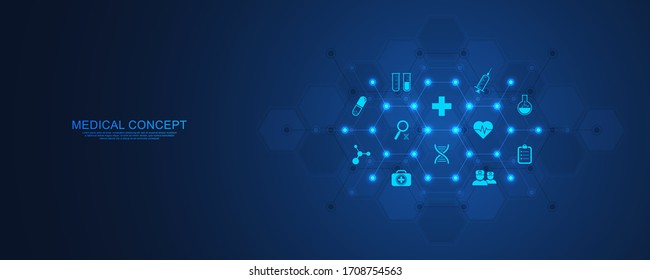 Healthcare And Technology Concept With Flat Icons And Symbols. Template Design For Health Care Business, Innovation Medicine, Pharmaceutical Industry, Science Background, Medical Research.