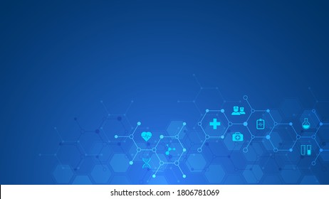 Healthcare and technology concept with flat icons and symbols. Template design for health care business, innovation medicine, pharmaceutical industry, science background, medical research.